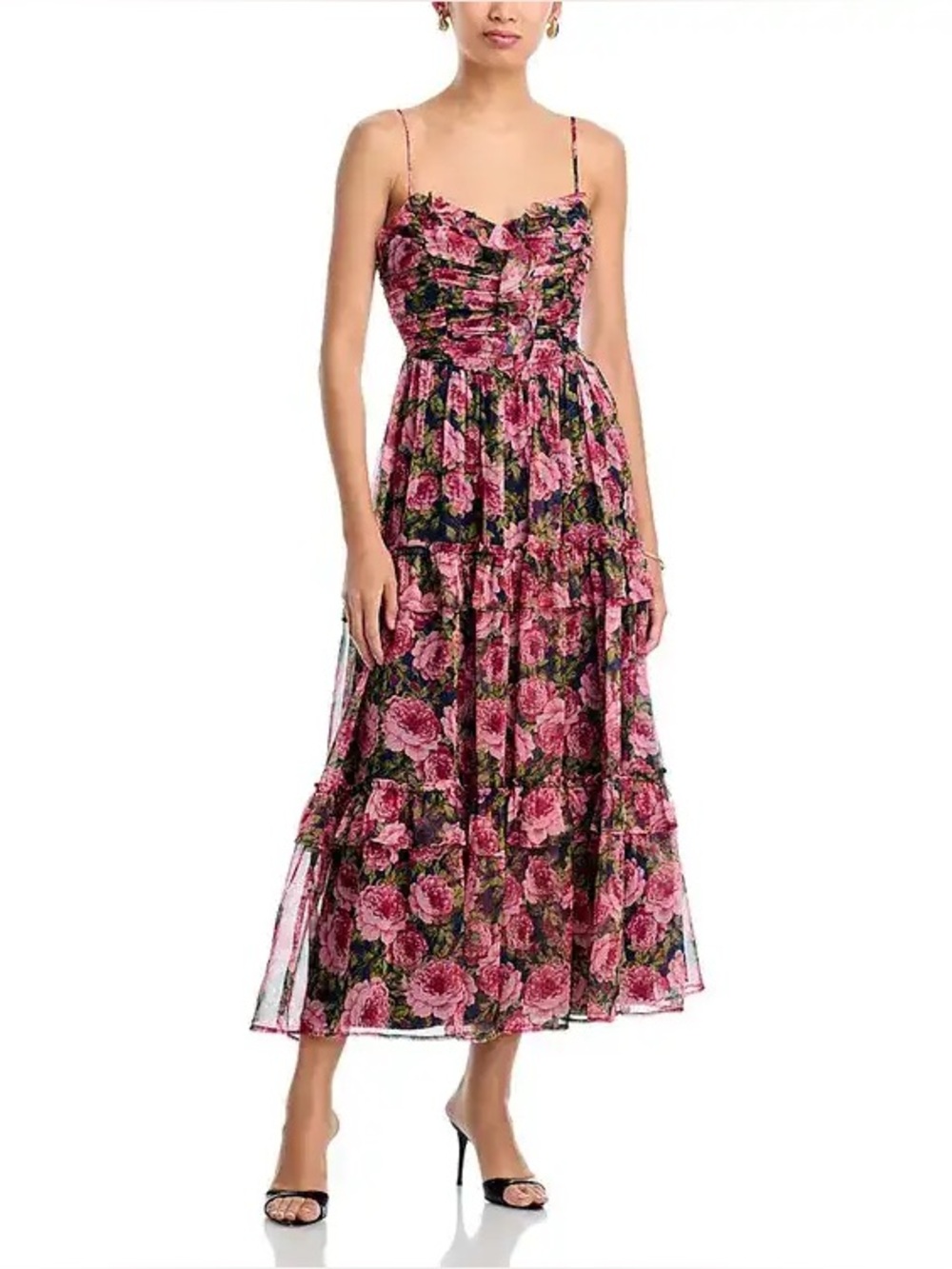 AQUA Floral Print Ruched Sleeveless Midi Dress